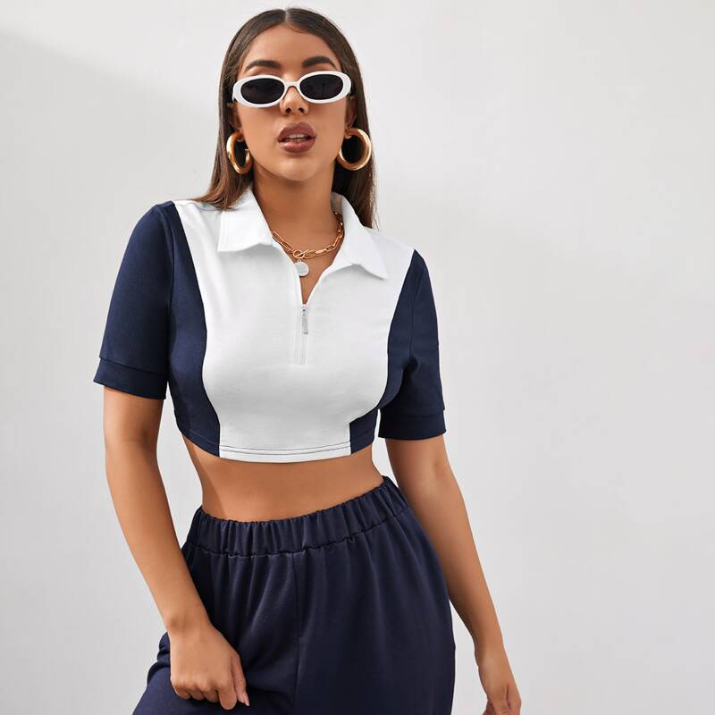 

Color Block Half Zip Crop Tee, Navy blue