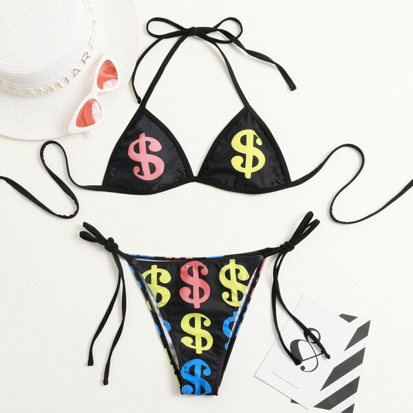 

US Dollar Symbol Triangle Tie Side Bikini Swimsuit, Black