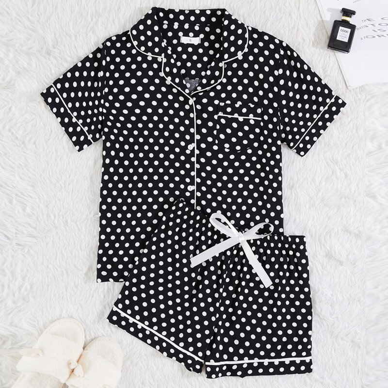 

Polka Dot Bow Binding Pajama Set, Black
