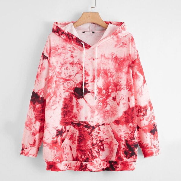 

Plus Tie Dye Kangaroo Pocket Drawstring Hoodie, Red