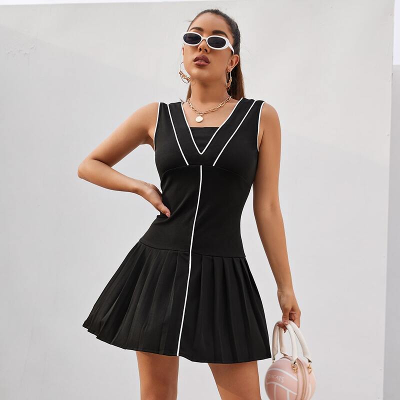 

Contrast Piping Pleated Hem Dress, Black
