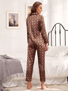Satin Allover Letter Graphic Night Set - Coffee Brown - View 2