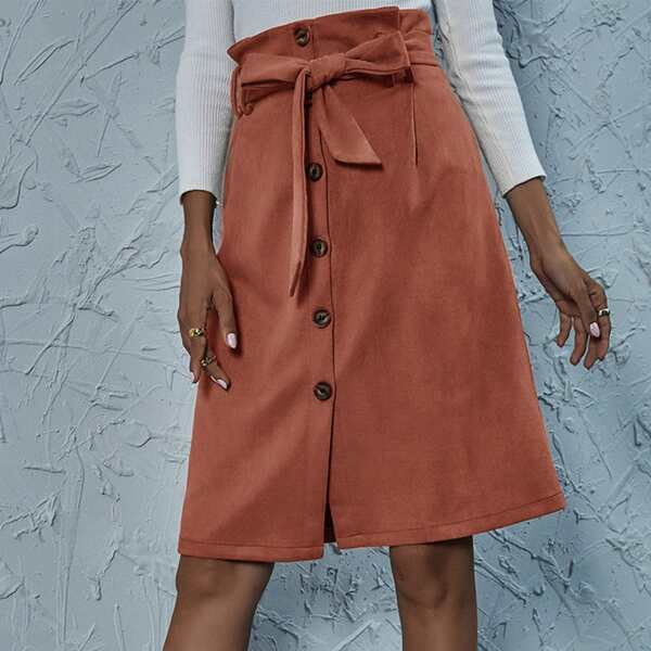 

Button Front Belted Suede Skirt, Burnt orange
