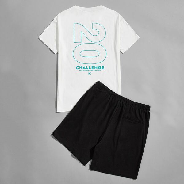 

Men Solid Top & Drawstring Waist Shorts Set, Black and white