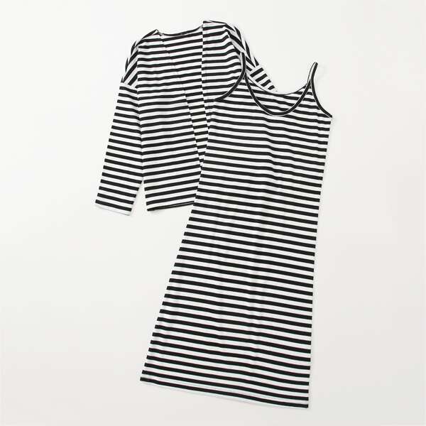 

Girls Striped Cami Dress & Coat, Black and white