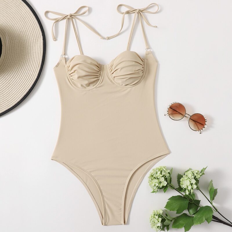 

Solid Ruched Bust One Piece Swimsuit, Beige