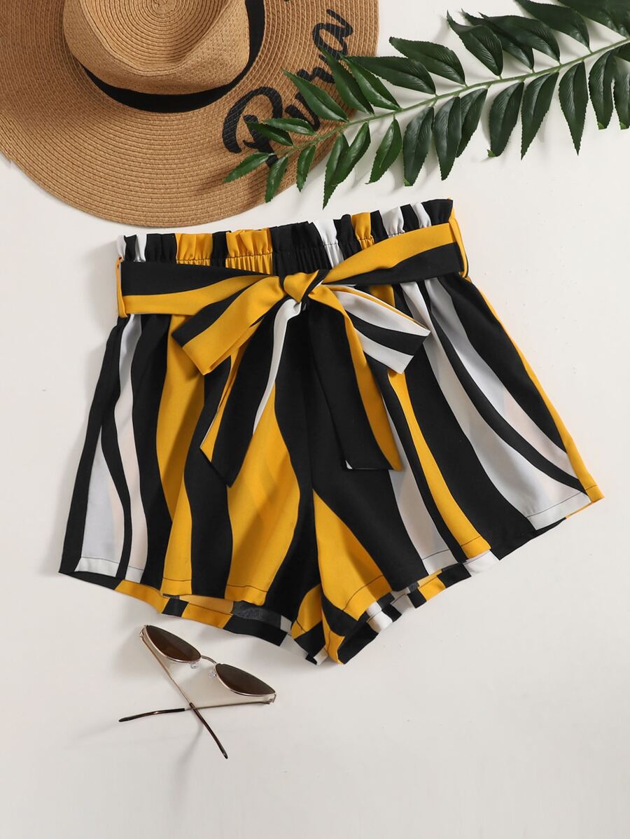 SHEIN VCAY Paperbag Waist Belted Colorblock Shorts - Multicolor - View 1