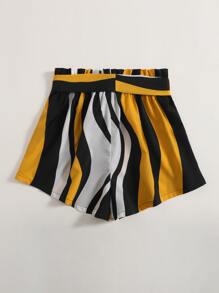 SHEIN VCAY Paperbag Waist Belted Colorblock Shorts - Multicolor - View 2