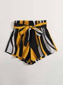 SHEIN VCAY Paperbag Waist Belted Colorblock Shorts - Multicolor - View 5