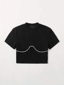 SHEIN EZwear Contrast Piping Rib-knit Top - Black - View 4