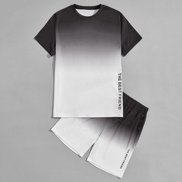 

Men Letter And Ombre Print Tee With Shorts, Black and white