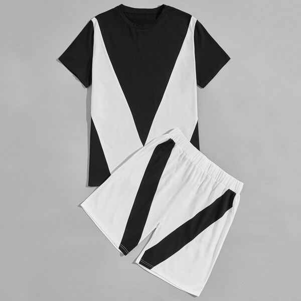 

Men Chevron Print Colorblock Tee & Shorts Set, Black and white