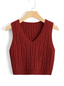 SHEIN Unity Cable Knit Sweater Vest - Burgundy - View 1
