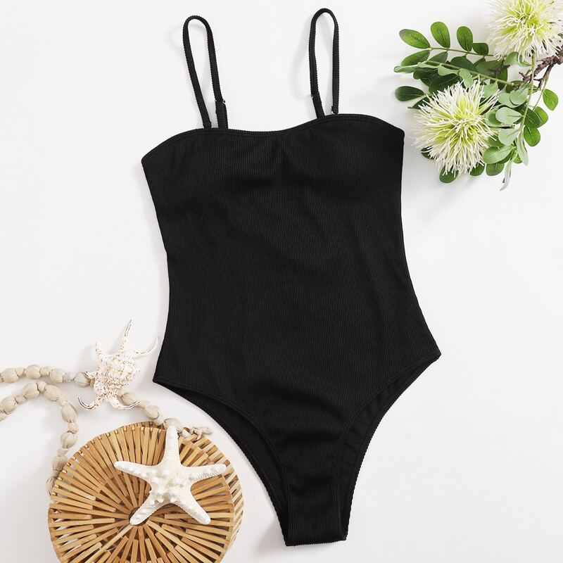 

Solid Ribbed One Piece Swimsuit, Black
