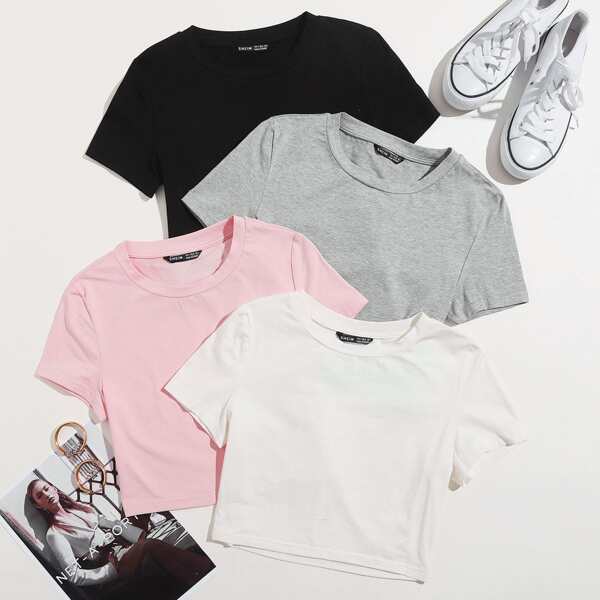 

4pcs Round Neck Crop Tee, Multicolor