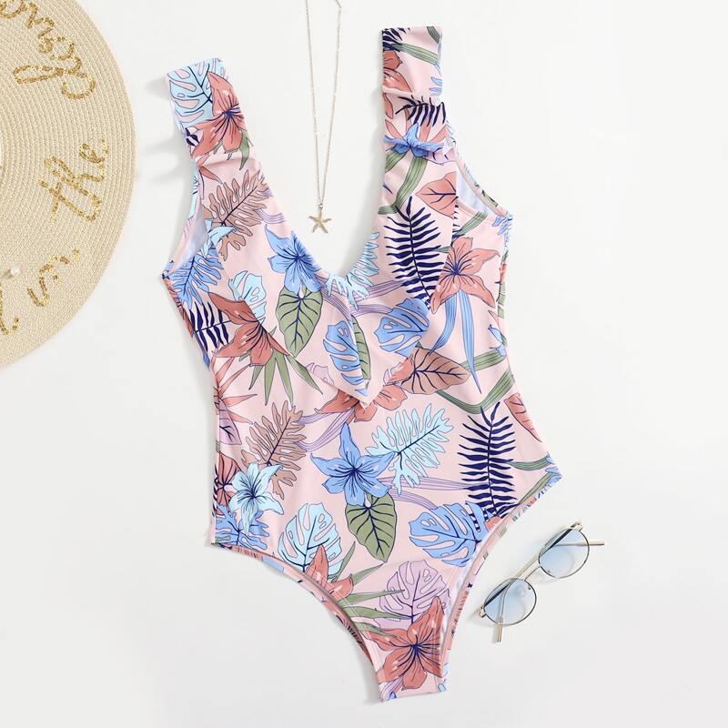

Leaf Graphic Ruffle One Piece Swimsuit, Multicolor