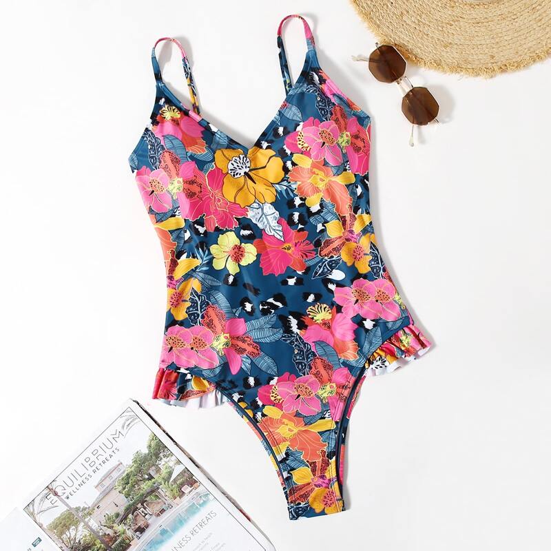 Flower Print Ruffle One Piece Swimsuit, Multicolor