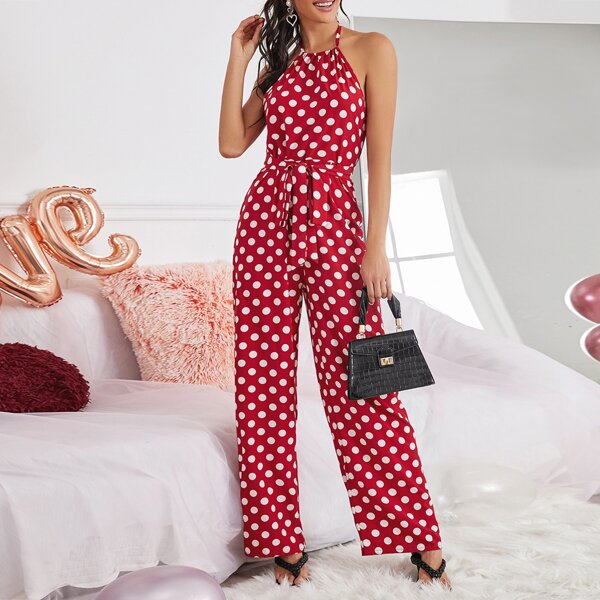 

Polka Dot Halter Neck Backless Belted Jumpsuit, Red and white
