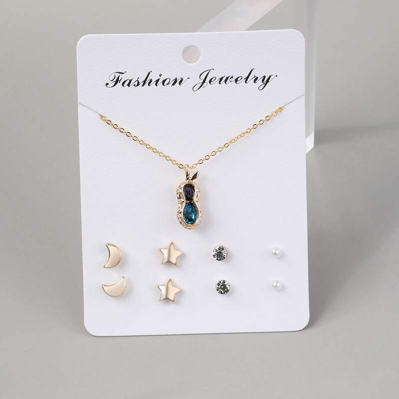 

1pc Rhinestone Pendant Necklace & 4pairs Stud Earrings, Multicolor