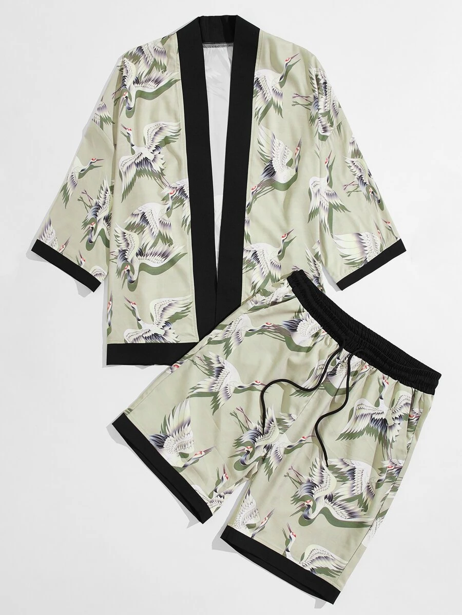 Manfinity Men Crane Print Contrast Binding Kimono & Shorts - Lime Green - View 1