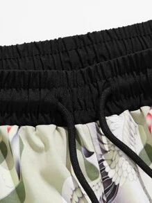 Manfinity Men Crane Print Contrast Binding Kimono & Shorts - Lime Green - View 3