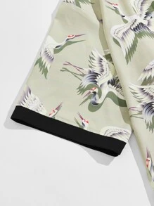 Manfinity Men Crane Print Contrast Binding Kimono & Shorts - Lime Green - View 4