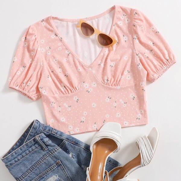 

Polka Dot Floral Print Crop Tee, Baby pink