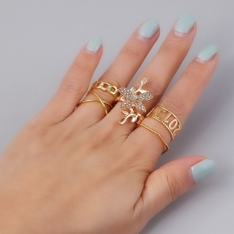 

5pcs Rhinestone Butterfly Ring, Gold