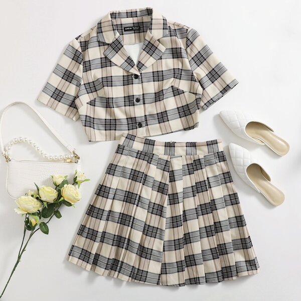 

Plaid Button Through Crop Blouse & Pleated Skirt, Multicolor