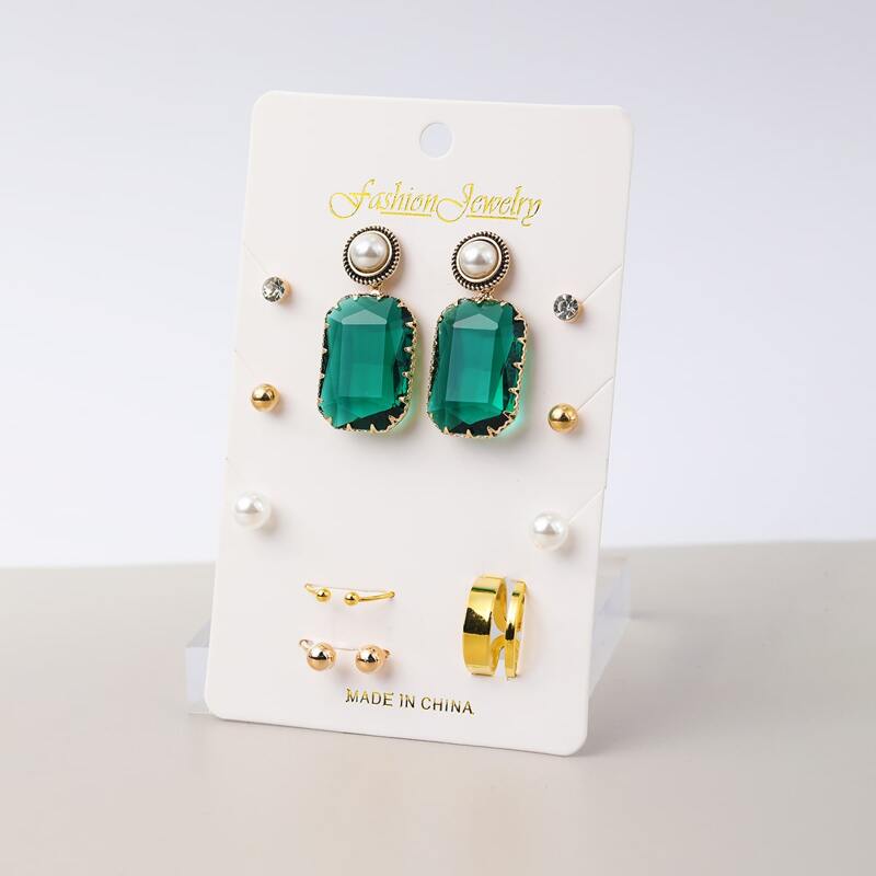

4pairs Rhinestone Earrings & 3pcs Ring, Multicolor