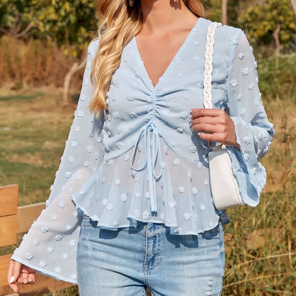 

Swiss Dot Drawstring Front Babydoll Blouse, Baby blue