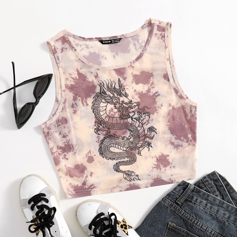 

Chinese Dragon & Tie Dye Print Tank Top, Multicolor