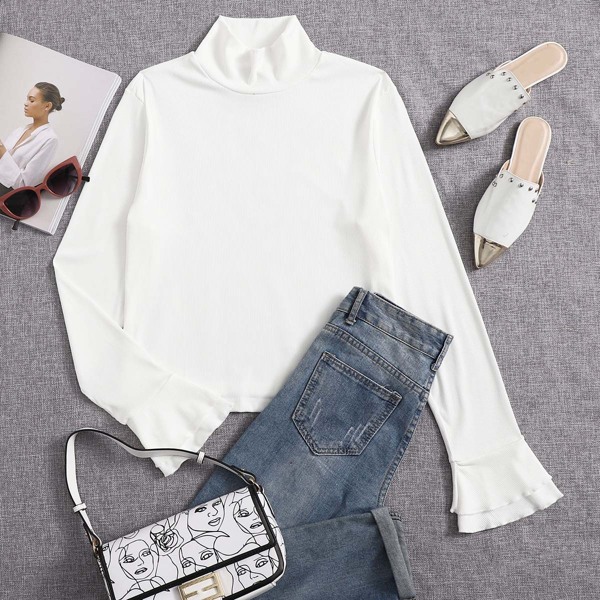 

Plus Ribbed Mock Neck Flounce Sleeve Tee, White