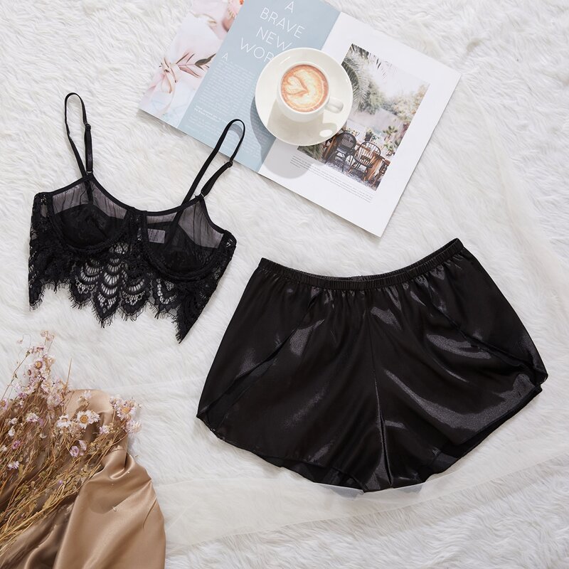 

Lace Bustier Cami Top & Satin Shorts Night Set, Black