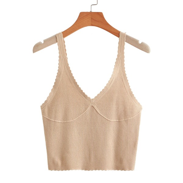

Solid Scallop Trim Knit Top, Apricot