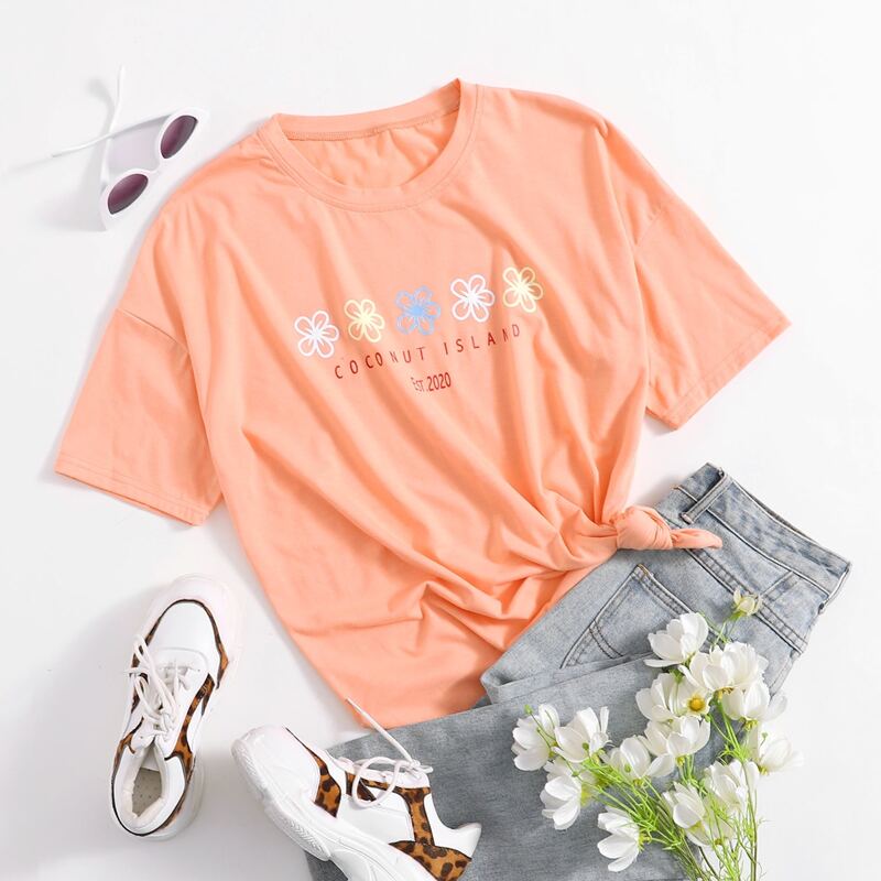 

Floral Print Drop Shoulder Tee, Coral pink