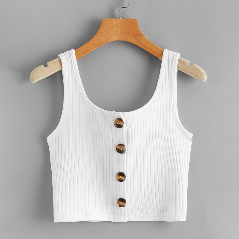 

Button Front Ribbed Tank Top, White