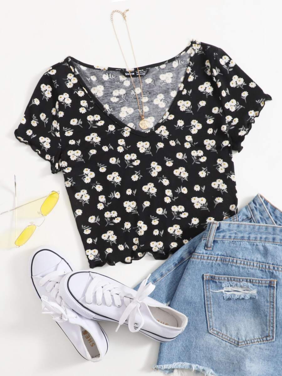 Soleia 花卉生菜边 T 恤