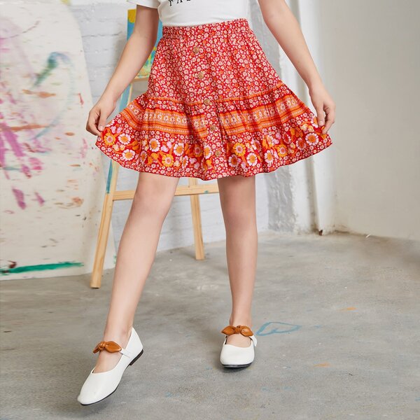 

Girls Floral Button Front Skirt, Multicolor