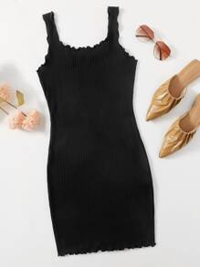 SHEIN EZwear Vestido ajustado tejido de canalé ribete en forma de lechuga - Negro - Ver 1