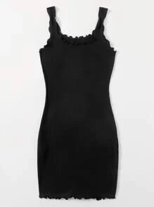 SHEIN EZwear Vestido ajustado tejido de canalé ribete en forma de lechuga - Negro - Ver 2