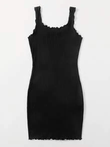 SHEIN EZwear Vestido ajustado tejido de canalé ribete en forma de lechuga - Negro - Ver 4