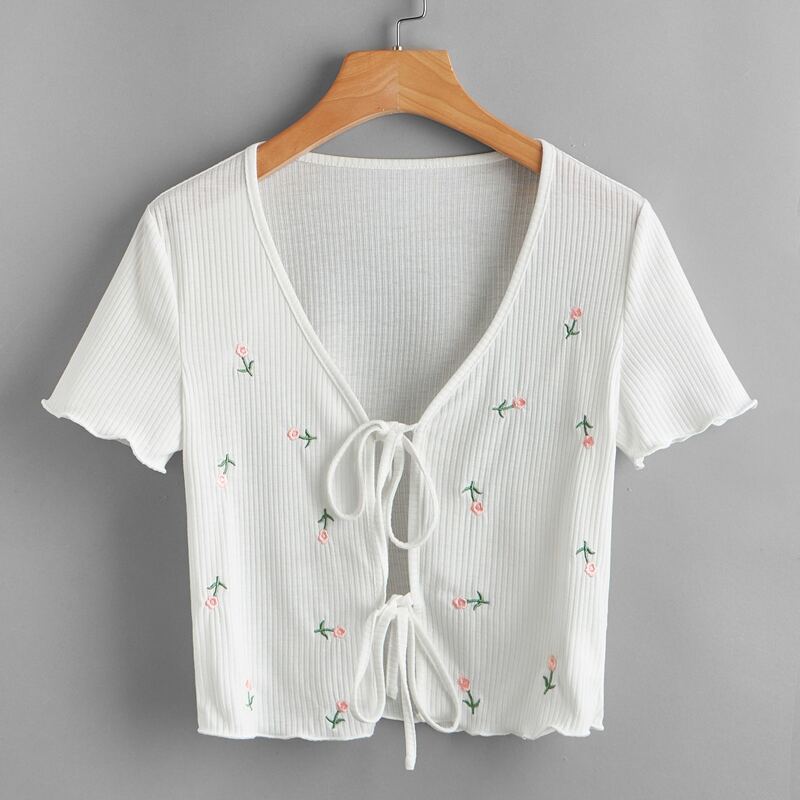 

Tie Front Floral Embroidery Top, White