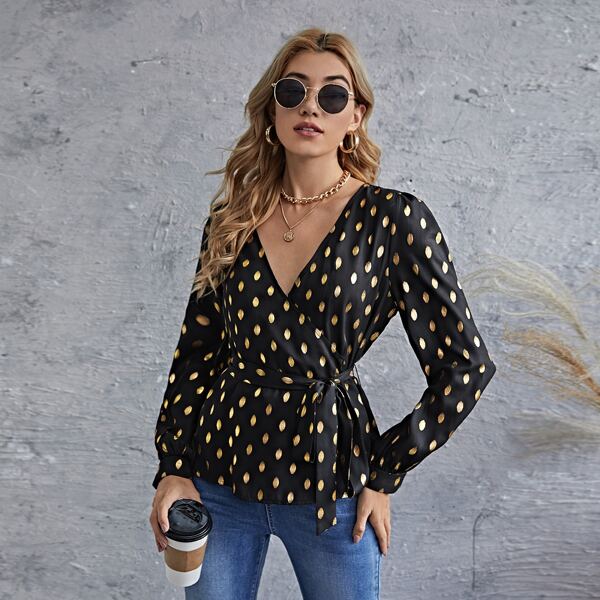 

Glitter Pattern Belted Wrap Top, Multicolor