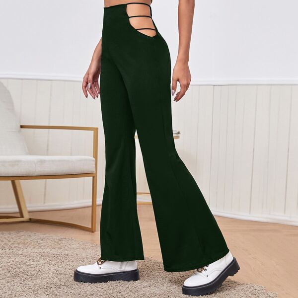 

Solid Cut Out Flare Pants, Dark green