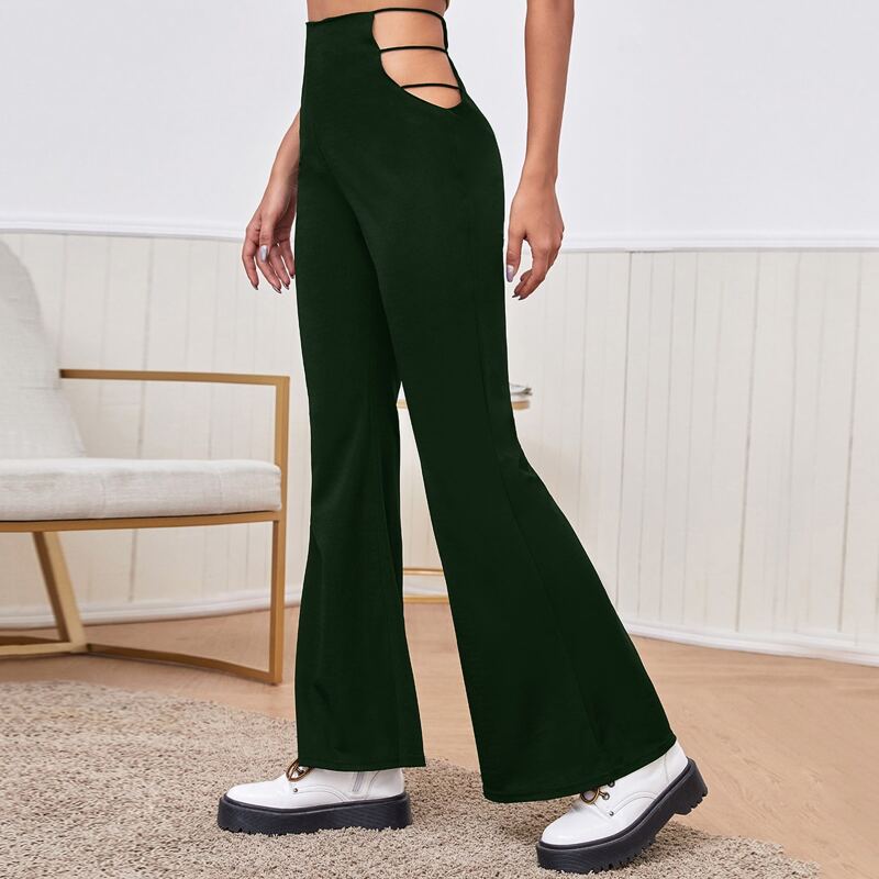 

Solid Cut Out Flare Pants, Dark green