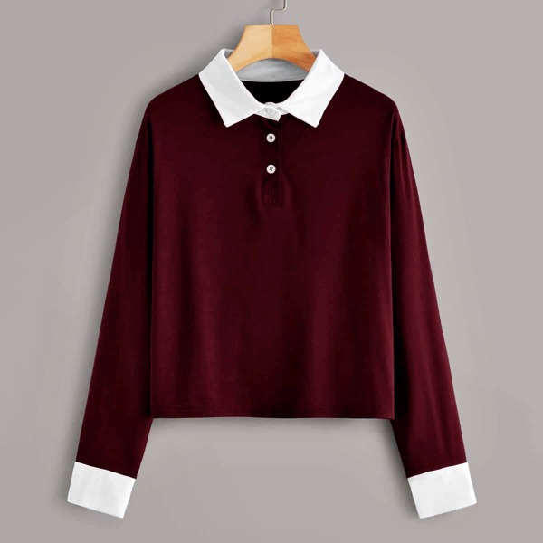 

Contrast Collar And Cuff Polo Tee, Maroon
