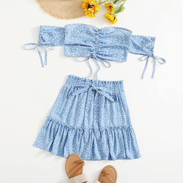

Ditsy Floral Drawstring Top & Skirt, Baby blue