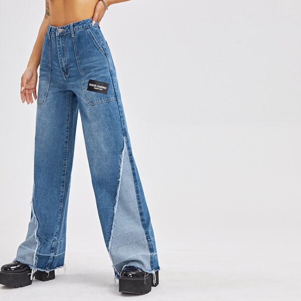 

High Waist Raw Hem Wide Leg Jeans, Medium wash