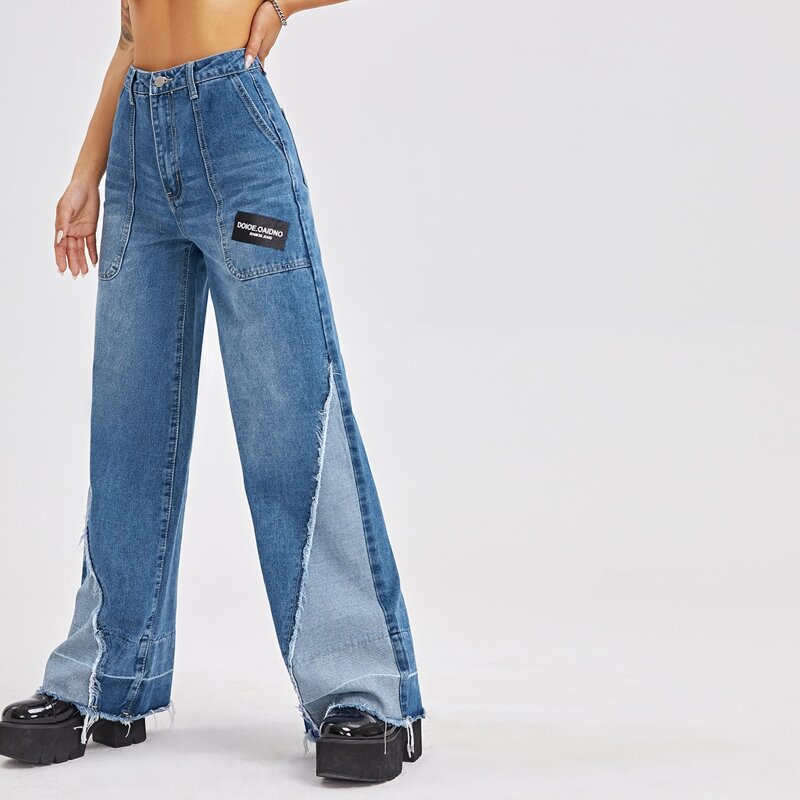 

High Waist Raw Hem Wide Leg Jeans, Medium wash